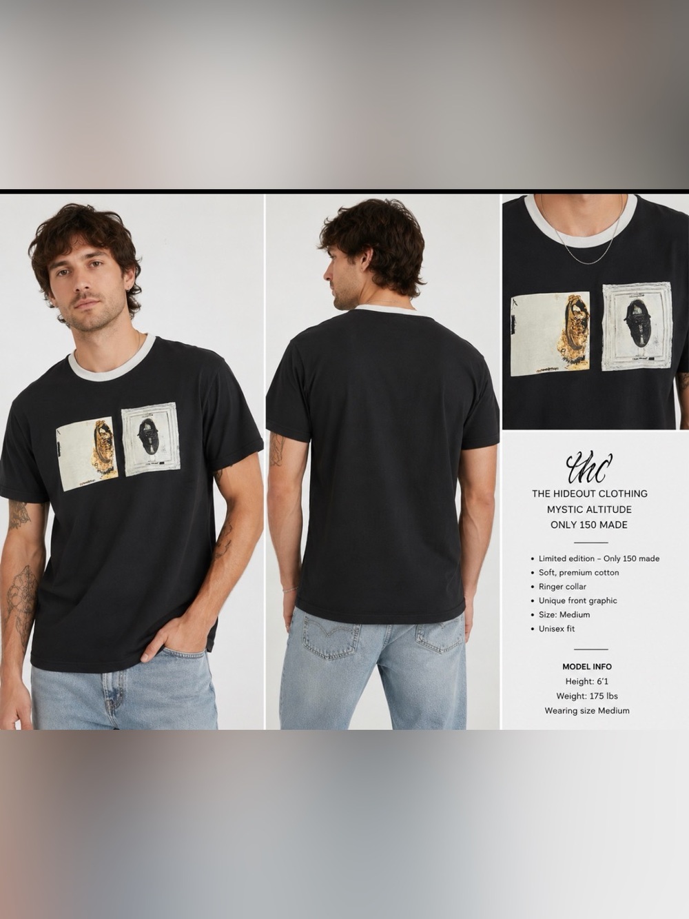 Men's Black Graphic Hideout Ringer T‑Shirt with White Trim